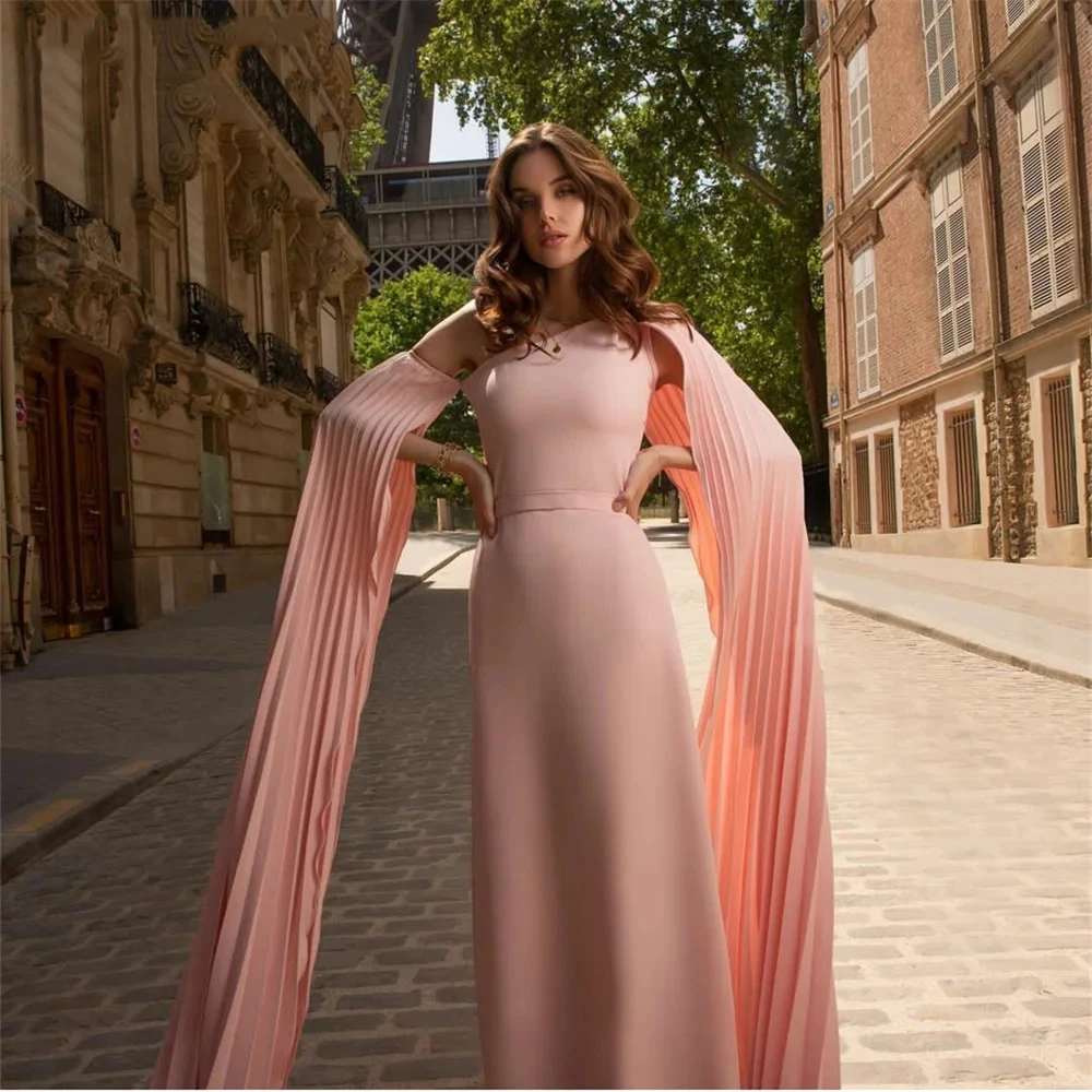 

Yipeisha 2024 Simple Elegant Pleats Cape Sleeve Prom Dress Light Pink Vestidos De Noche Jersey Straight Formal Evening Dress