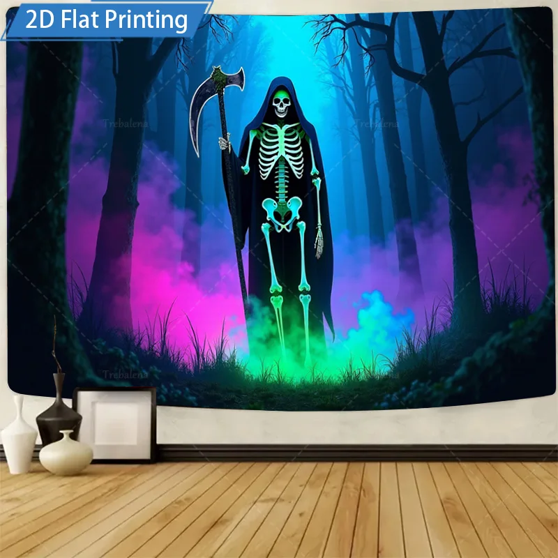 

1шт настенный гобелен светящийся жнец скелета в гобелене мистического леса-декор на Хэллоуин