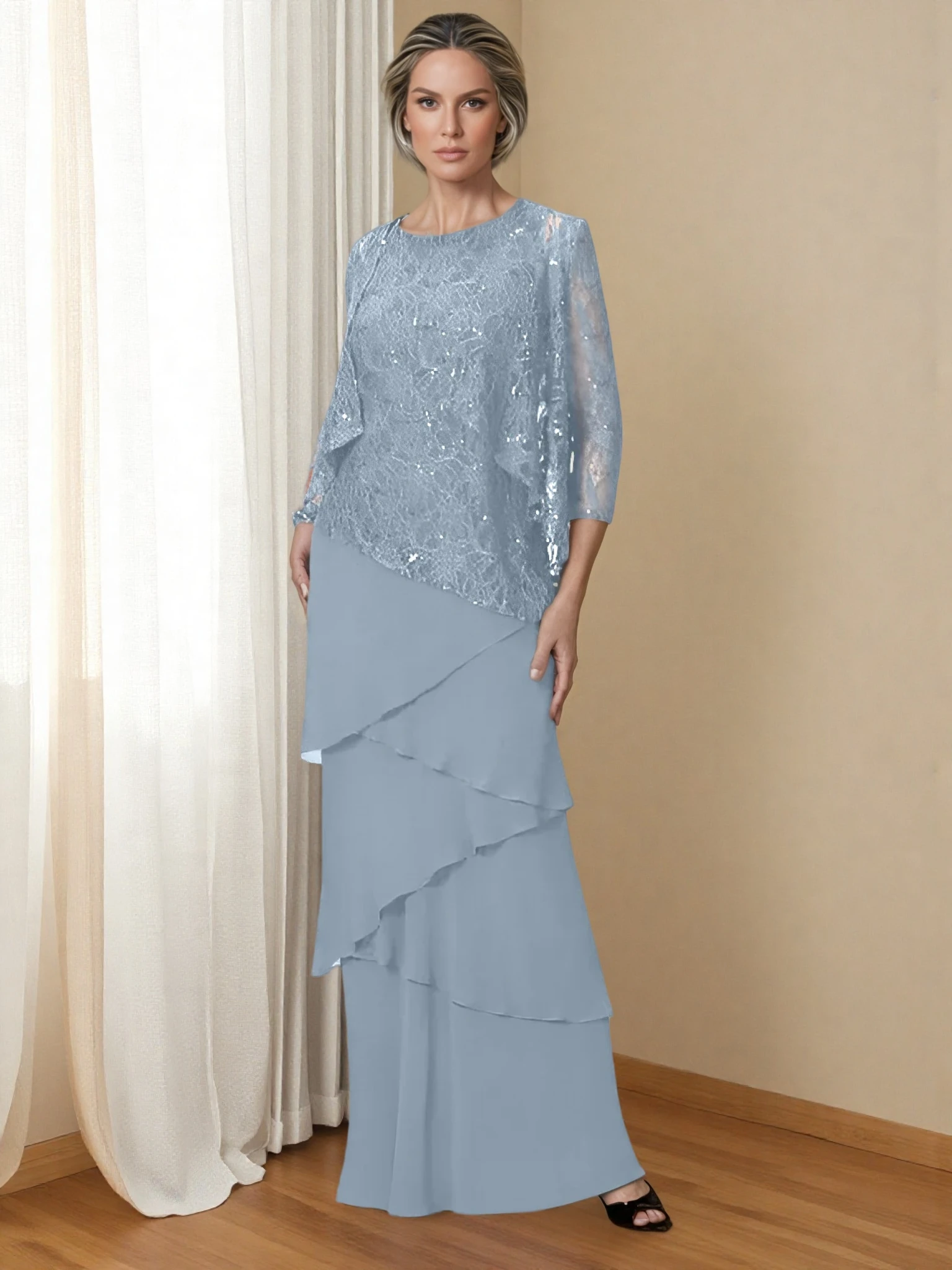 

Two Piece A-Line Mother of the Bride Dress Elegant Jewel Neck Floor Length Sequined Lace 3/4 Wrap with Tiered 2025