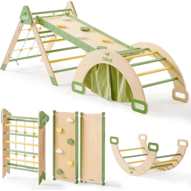 Hot Selling 7 in 1 Triangle Set Foldable Wooden Climbing Toy Montessori Foldable Climbing Set with Rope Net for Girls Boys