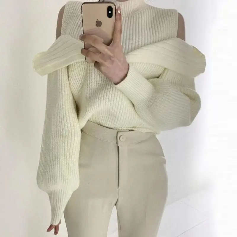 Sweater Hollow Shoulder Long Sleeve Knit Female Summer Fall Take Sweater New Render Unlined Upper Korea