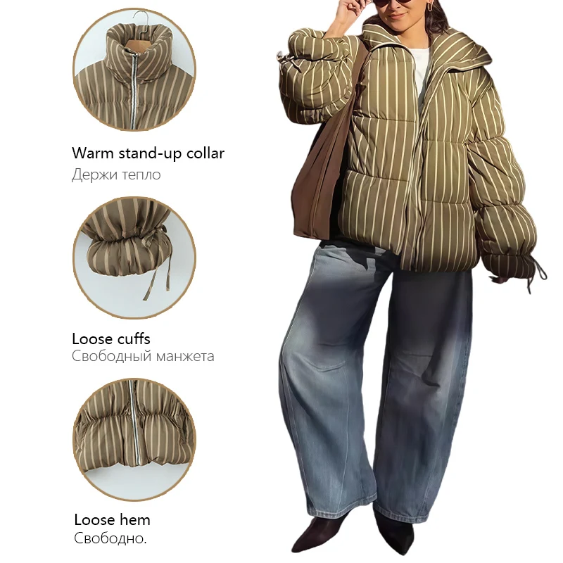 ملابس نسائية شتوية جديدة لعام 2025، سترة قطنية منتفخة غير رسمية فضفاضة ومريحة، تصميم ياقة واقفة عالية، أكمام فانوس