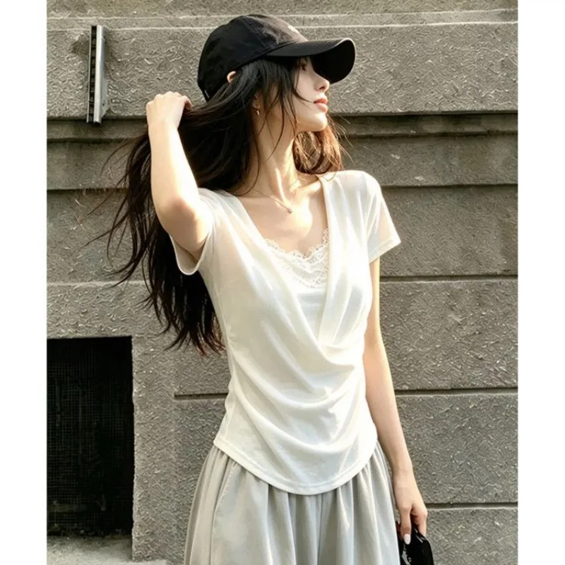 Women French Minimal U Neck Fake Two Piece Lace Splicing Short Sleeve T Shirt Slim Elegant Summer Tops