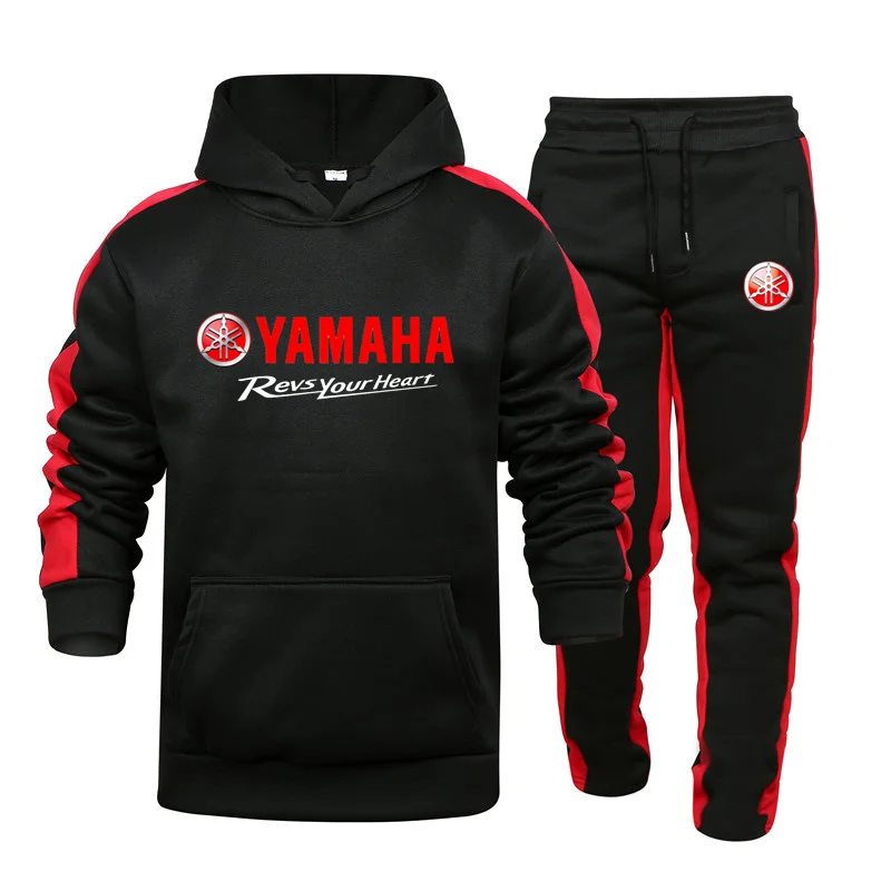 

New Yamaha men's casual striped patchwork fleece running hooded shirt set fashion sportswear set