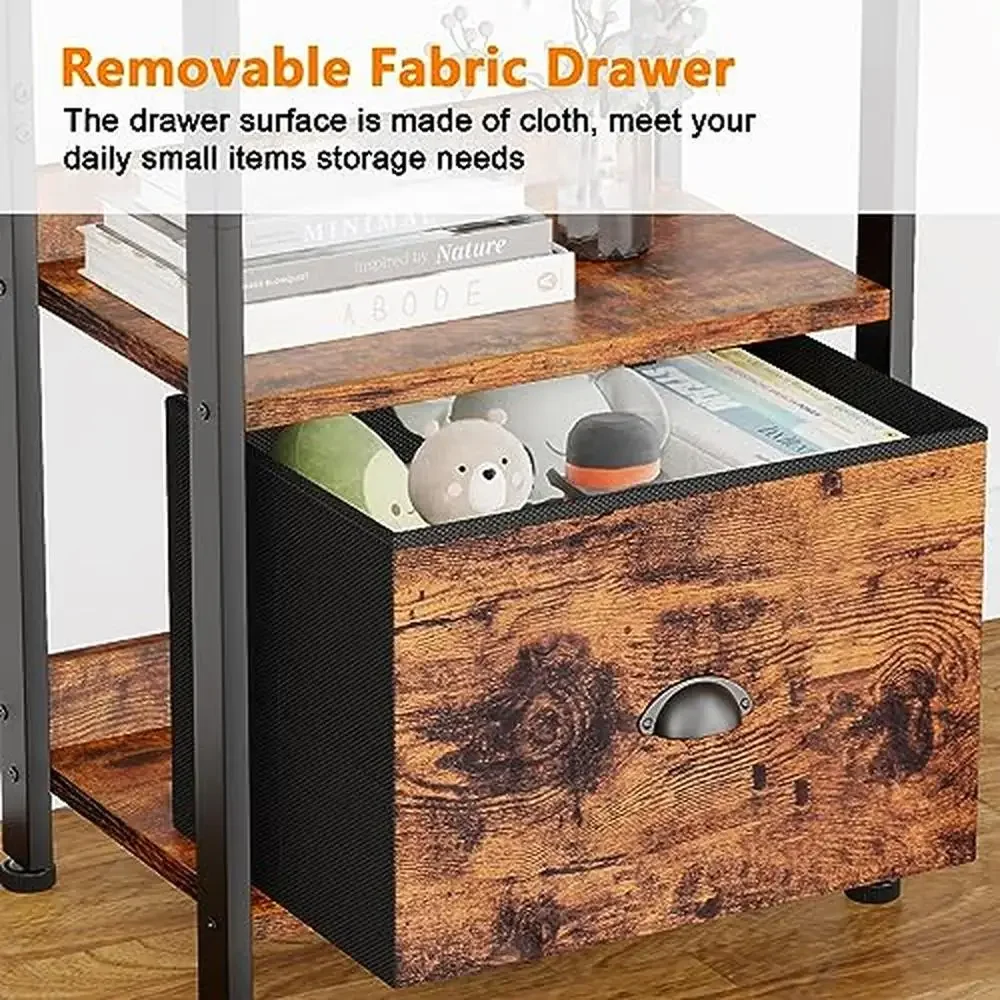 رف كتب من 5 طبقات مع درج رف عرض معدني خشبي منظم موفر للمساحة مستطيل 15.4 بوصة × 10.6 بوصة × 55.5