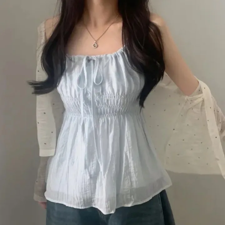 เสื้อชีฟองผู้หญิงสไตล์เกาหลี รุ่นใหม่ประจำฤดูร้อน ดีไซน์ผูกโบว์ จับจีบ ช่วยพรางหุ่น ใส่สบายๆ เซ็กซี่ สายเดี่ยว