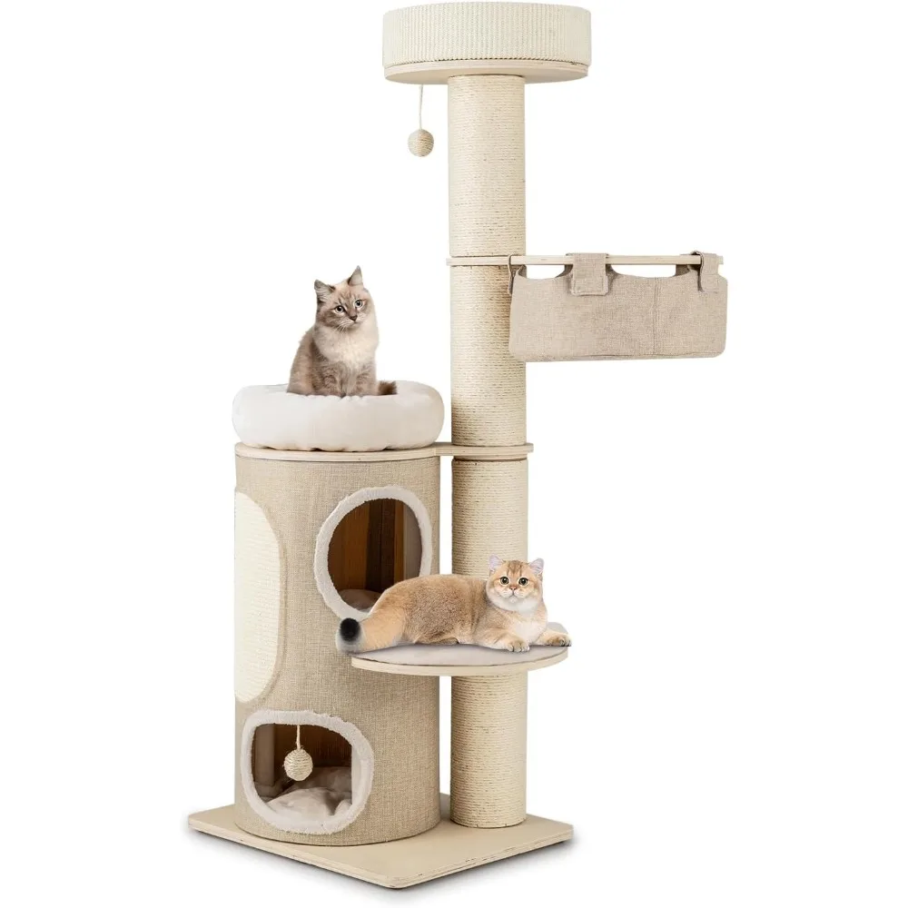 Cat Tree Tower, 61 Inch Multi-Level Tall Cat Tower with 2-Story Cat Condo, Top Perch, Sisal Scratching Posts & Carpet,