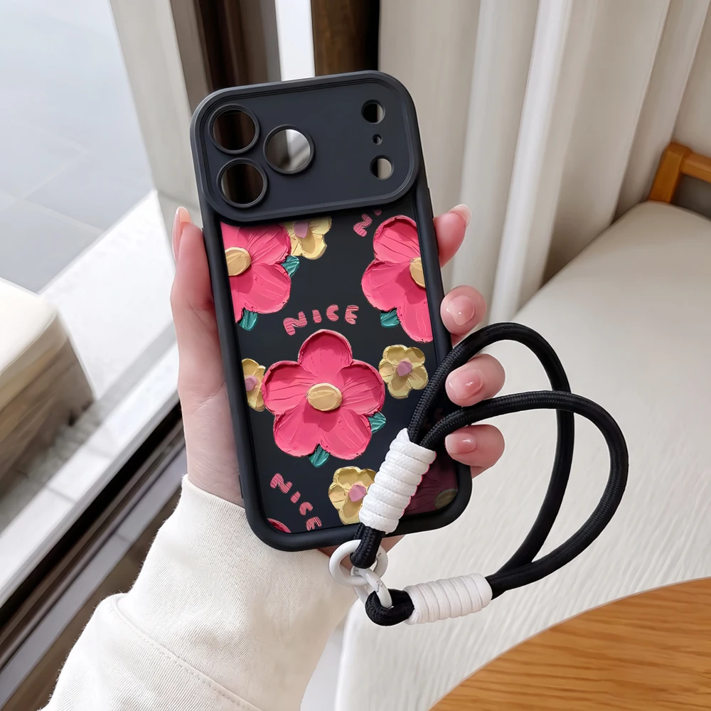 Ölgemälde Blumen Lanyard Handyhülle für iPhone 13 14 15 16 17 Pro Max 16 15 14 Pro Plus 17E Stoßfeste Matte Silikonhülle – Detail 3