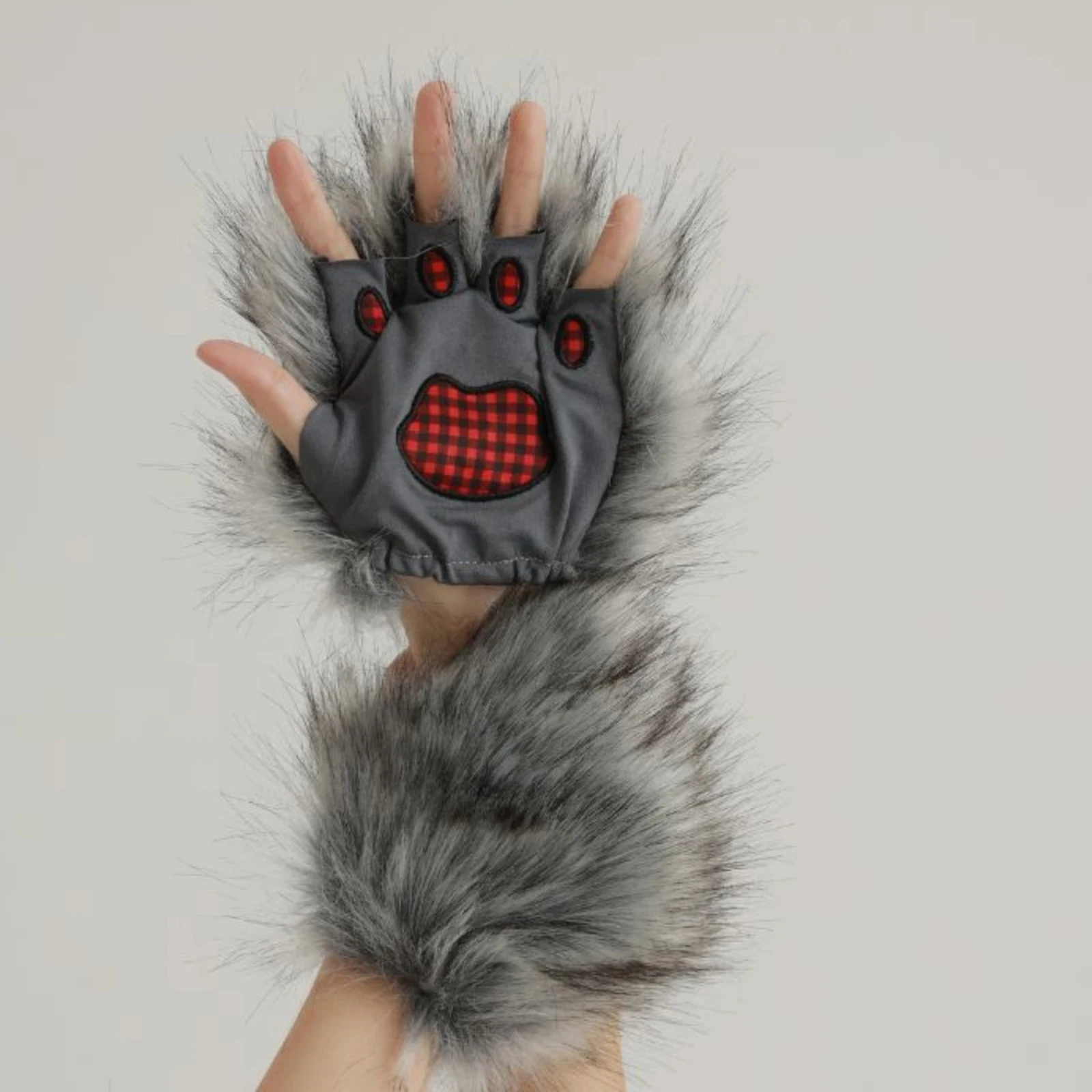 Halloween Wolf Paw Costume Gloves Grey Hairy Werewolf Claw Cuffs Hands Animal Cosplay Costume Accessories