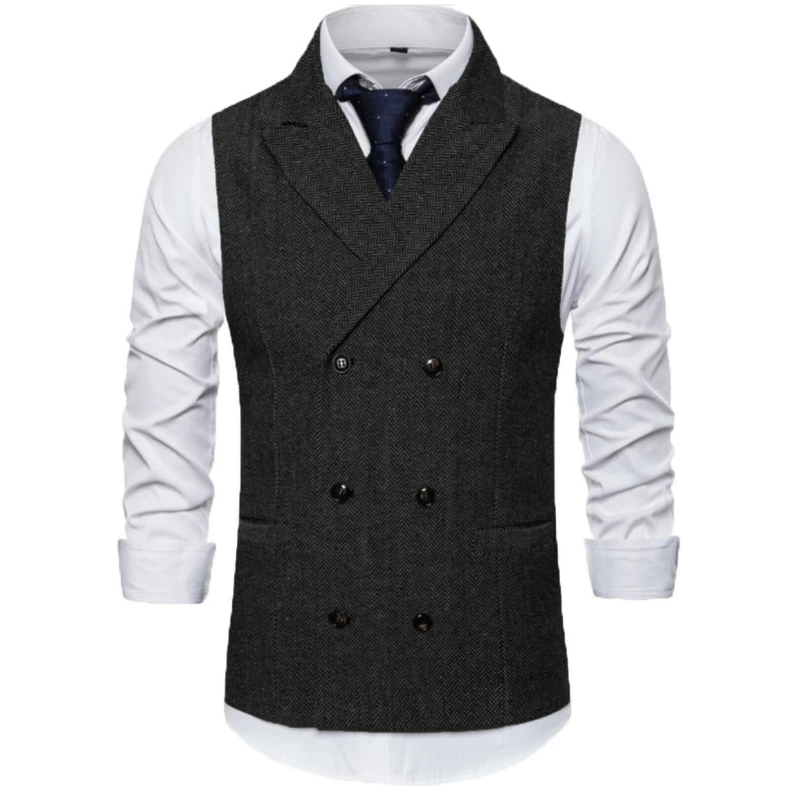 Men Vest Brown Herringbone Double Breasted Buckle Solid Business Casual Waistcoat Regular Slim Banquet Men Suit Vest