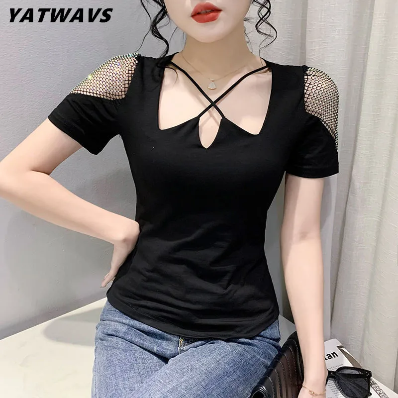 

2024 Summer European Women Short Sleeve T-Shirt Fashion Sexy Hollow Out Shiny Diamonds Tees New Office Female Elastic Slim Tops