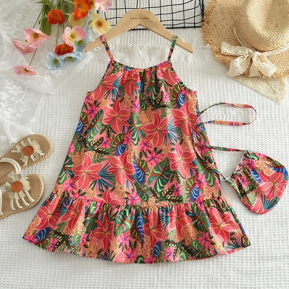 Summer New Seaside Leisure Vacation Style Girls' Strap Dress with Broken Flowers and Bag Two Piece Set Children 3-7 Years Old