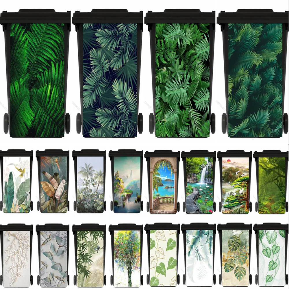 Pegatina de basura de hojas y plantas para exteriores, arte impermeable extraíble para cocina, paisaje natural, Cubo de ruedas, pegatinas para restaurante, 240 litros