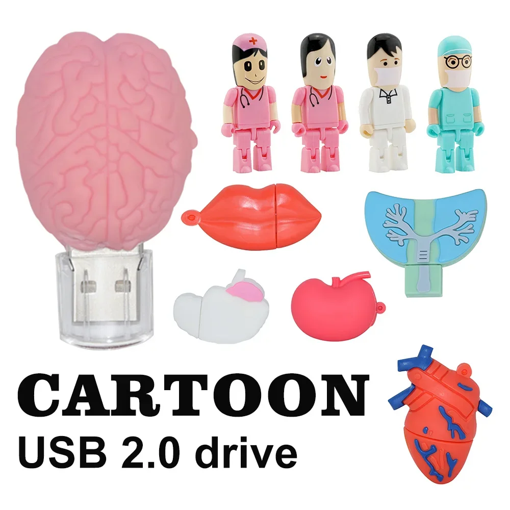 

Cartoon doctors nurses USB2.0 Flash Drives 128GB 64GB Memory Stick 32GB 16GB 8GB 4GB Red Heart Lung Brain U Disk Creative Gift