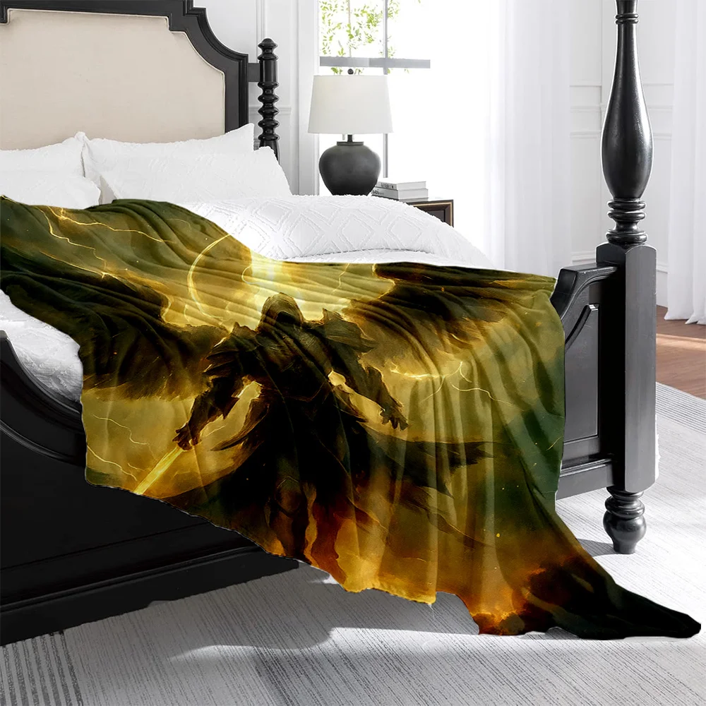 1pc Angel Wing Plush Blanket - Heavy-Duty Quilted Flannel Bedspread with Golden Armor Knight & Sword Design, All-Season Luxury B