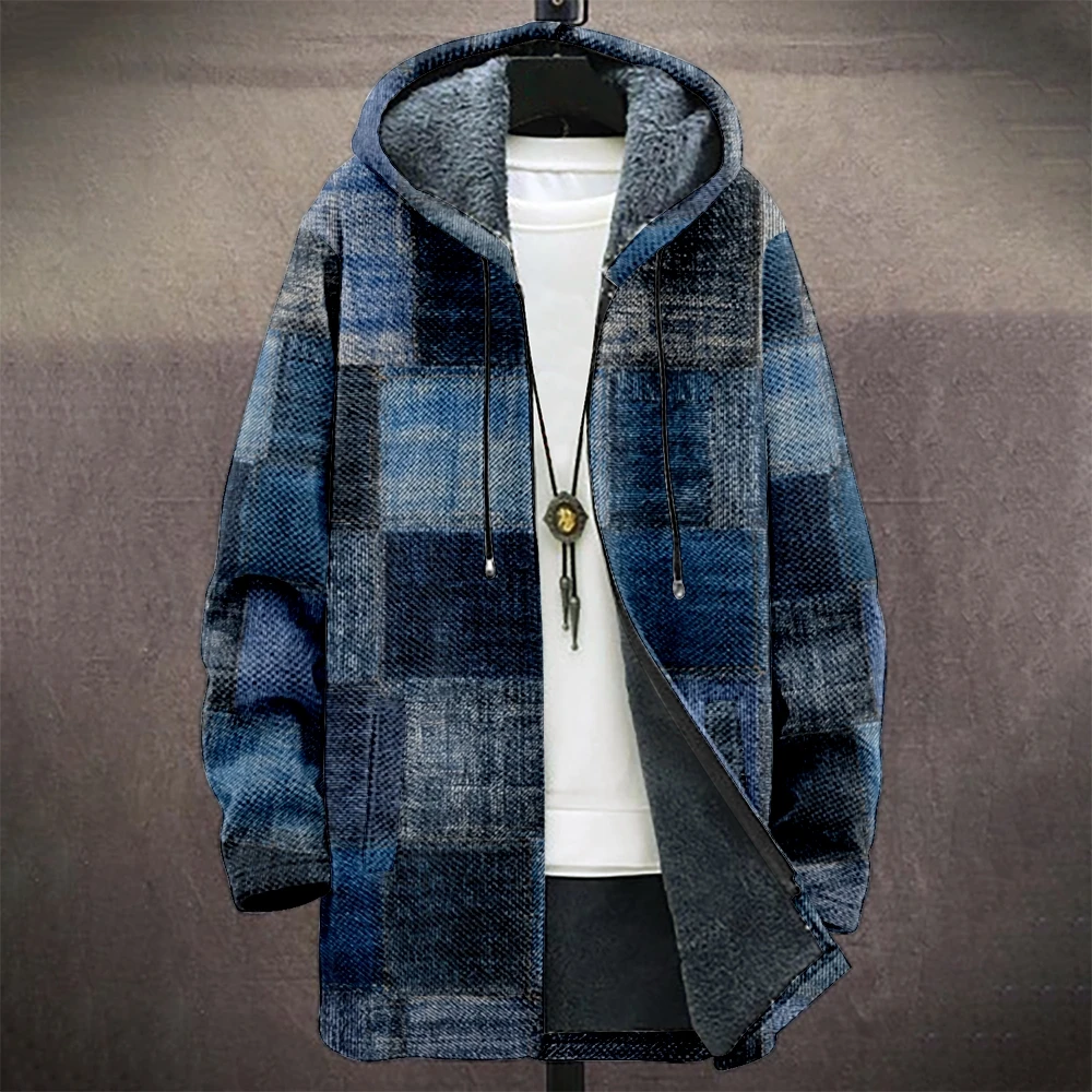 

Men's Geometric Plaid Hooded Coat Fleece Lining Blue Gray Winter Jacket Patchwork Design Warm Streetwear Fashion Outerwear