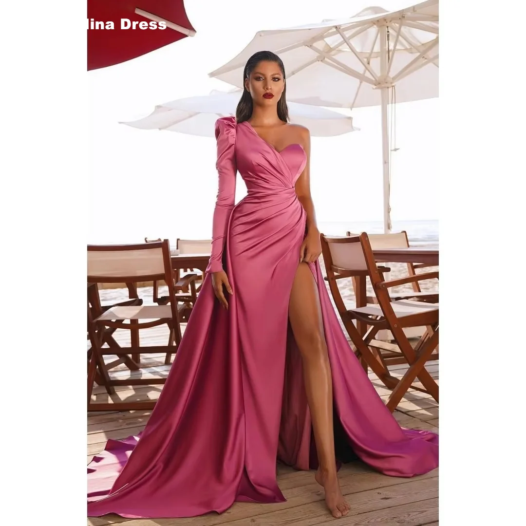 

Mina Customized Magenta One Shoulder Sleeve High Slit Pleated Tail Elegant Party Dresses 2026 Sharon Sa'id Evening Dresses Rochi
