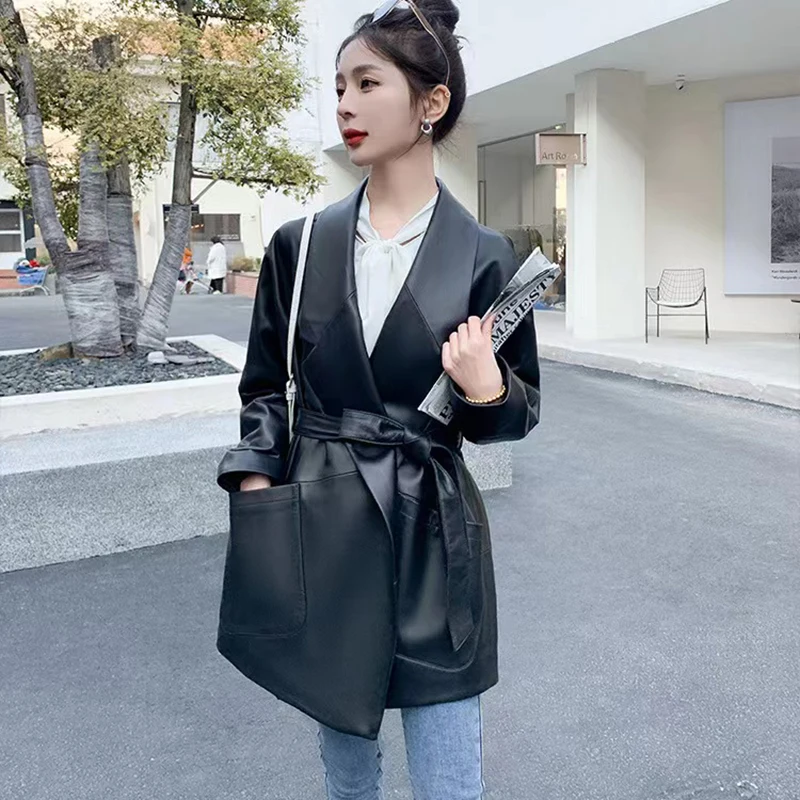 Women's Long Sheepskin Coat Autumn Winter Oversize Suit Collar Belt Waist Closing Slim Black/Coffee Jacket Veste En Cuir Femme