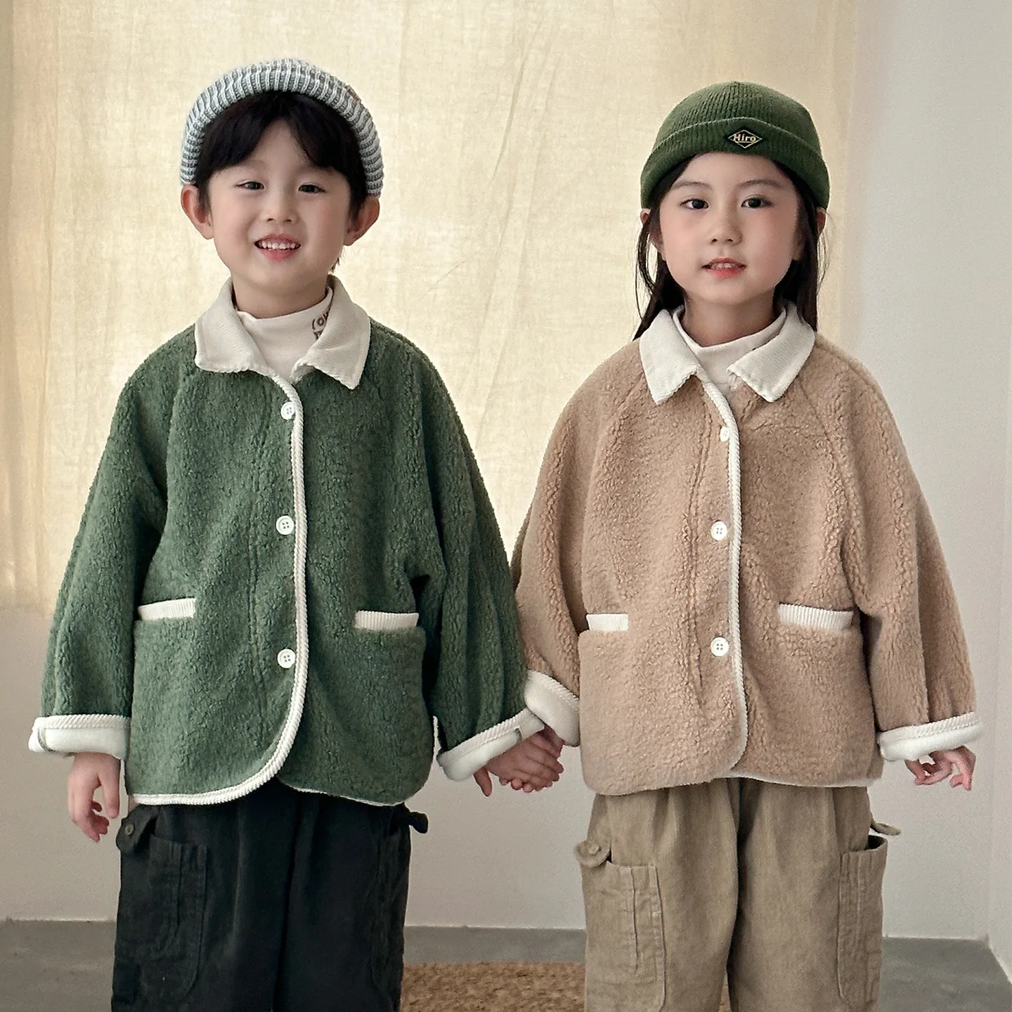 

2025 Winter New Children Berber Fleece Coat Girls Lamb Wool Jacket Solid Baby Boys Fleece Lapel Coat Kids Girls Thick Warm Tops