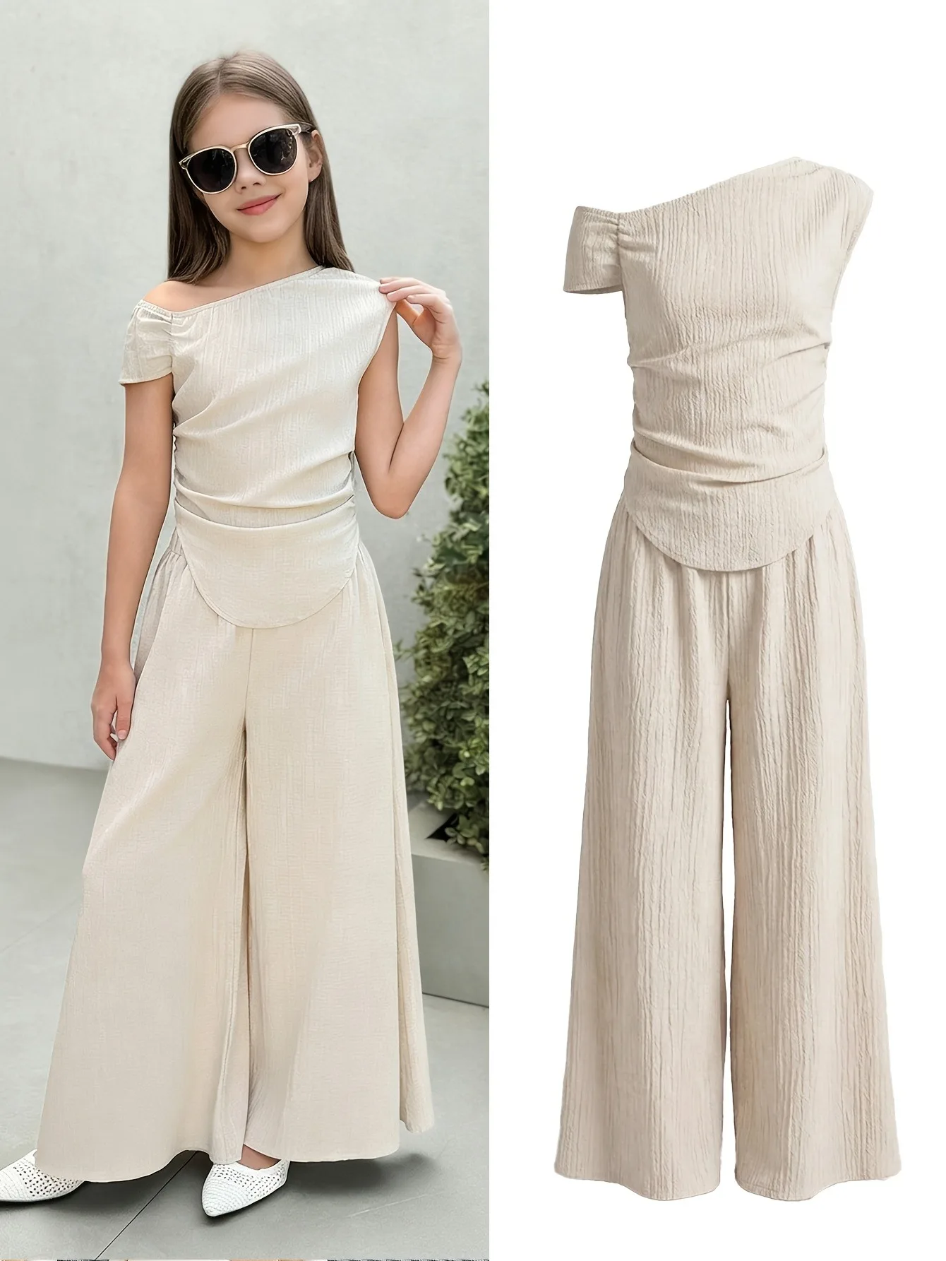 Kids Girls 2-Piece Summer Outfit Set, Beige Textured Fabric Asymmetric Off Shoulder Ruched Crop Top & Elastic High Waist Wide Le