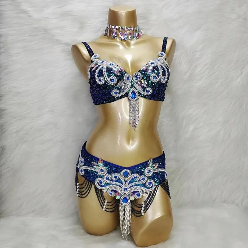 Adult Tassel Belly Dancing Bra and Belt Samba Carnival Costumes Festival Outfit Stage Performance Wear Silver Blue Orange Green