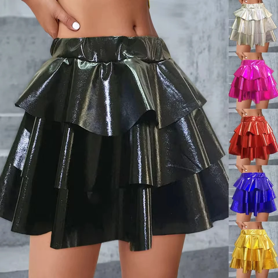 Ladies Cake Short Skirt Metallic Leather Performance Skirt Fine Glitter Sequins Cheerleader Tutu Skirt Carnival Solid Skirts