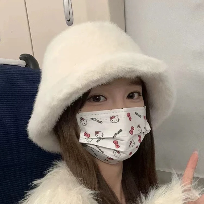 Faux Mink Fur Bucket Hat Plush Fisherman Cap Soft Warm Fluffy Winter Hat Vintage Fashion Face Shaping Daily Headwear Multiple