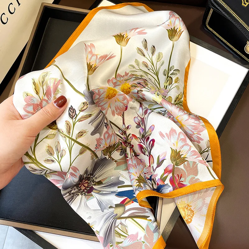 12MM 100% Mulberry Silk Scarf Women Designer Floral Print Bandana Foulard Female Square Neckerchief Natural Scarves SD0265