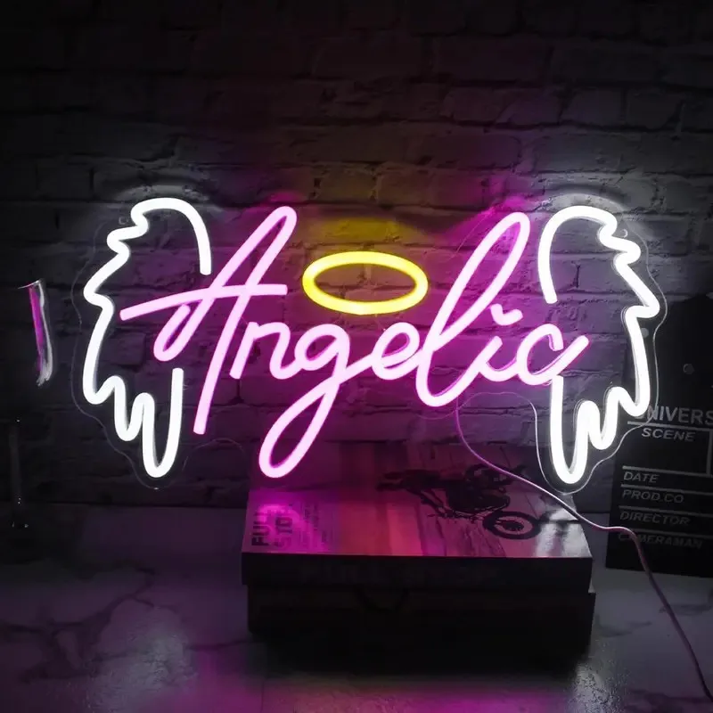 Angelic Neon Sign With Wings Halo Pink LED Wall Art USB Powered Bedroom Beauty Salon Bachelorette Party Decor Gift
