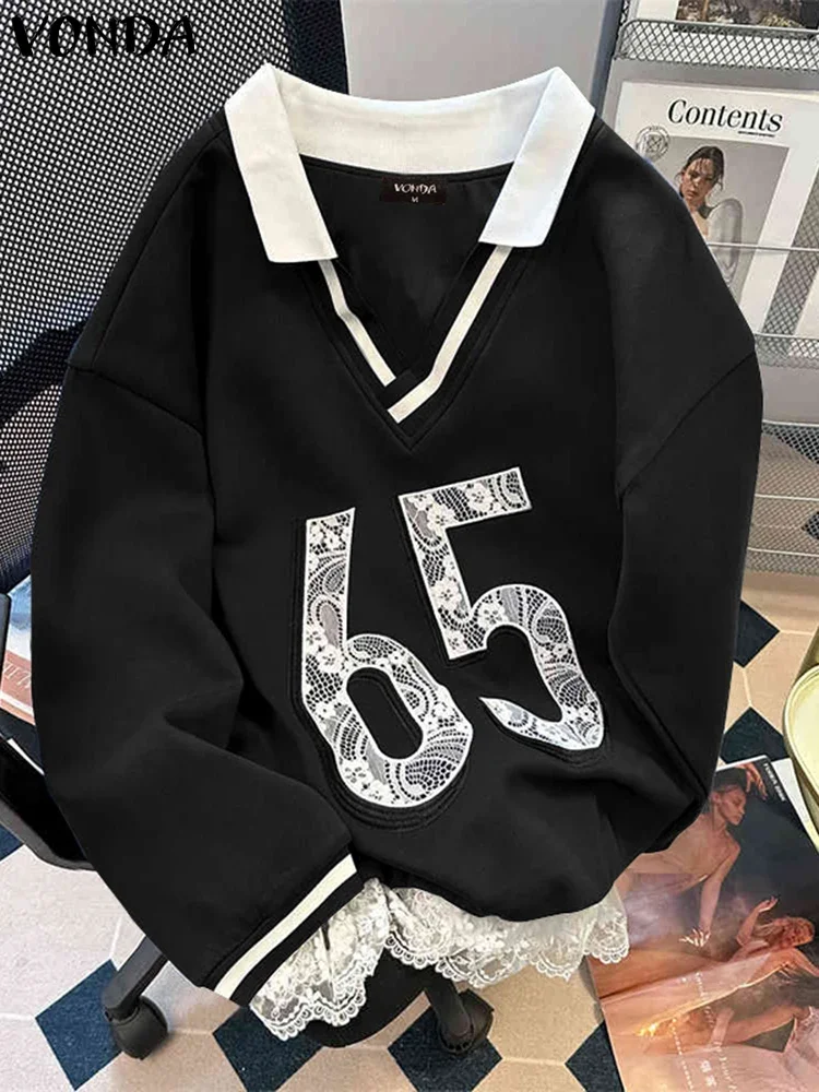 

2025 Autumn Sweatshirts Women Lace Patchork Hoodie Casual Long Sleeve Blouse Streetwear V-Neck Pullovers Oversized VONDA
