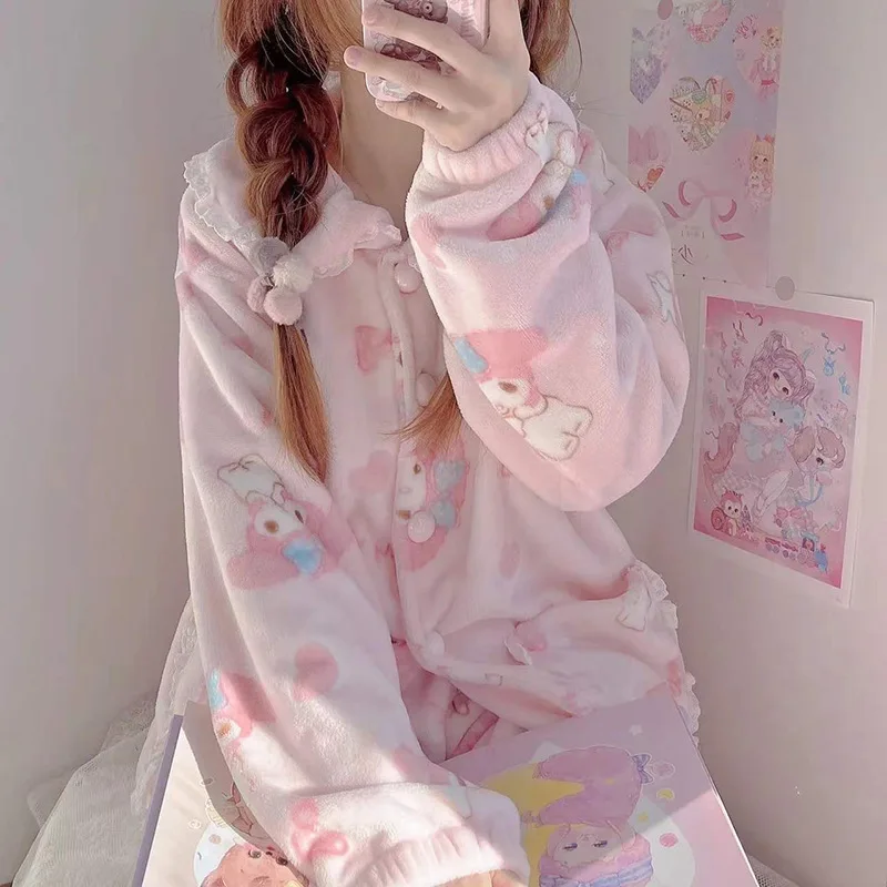 Hot Kawaii My Melody Coral Velvet Pajamas Girls Cute Tops Pants Plus Velvet Thickened Autumn Winter Home Clothing Casual Suit