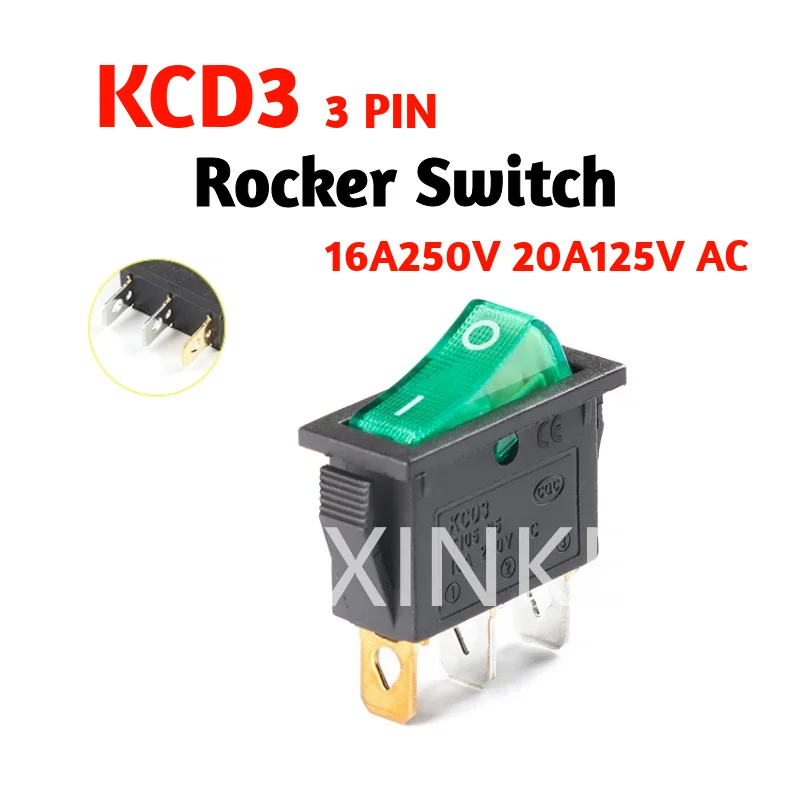 1pcs KCD3 Self-locking Rocker Switch ON-OFF 2 Position 3 Pin Electrical equipment With Light Power Switch 16A 250VAC/ 20A 125VAC