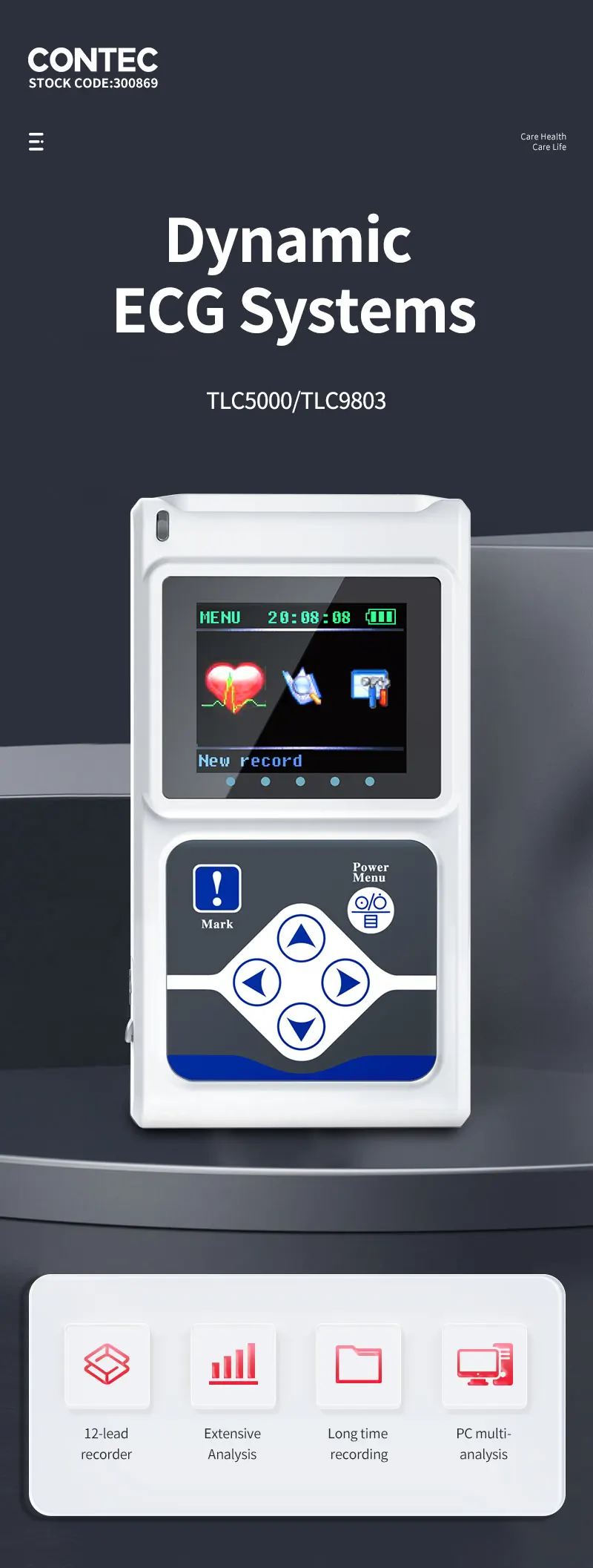 CONTEC Offical TLC9803 Genuine 3 Channels ECG Holter Monitor System 24-Hour Dynamic EKG Recorder for Heart Rate Monitor
