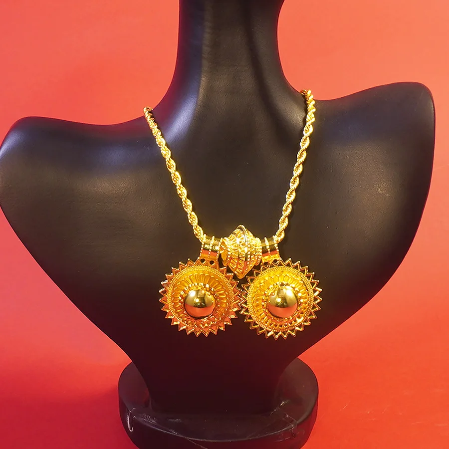 9999 gold Middle East earrings, rings, bracelets, double pendant necklace set - wedding gift, factory wholesale