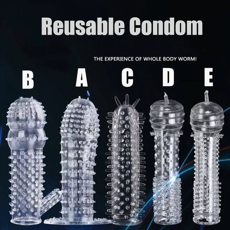 Reusable Condom Penis Extender Sleeve Screw Thread Cock Ring Dildo Sheath Condoms Delay Ejaculation Sex Toys for Men