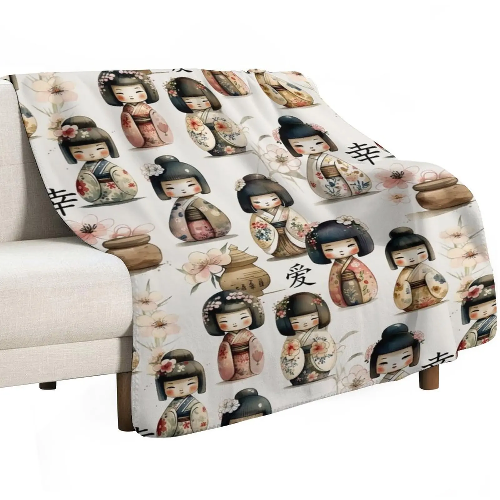 

Kokeshi Doll Watercolor Pattern Throw Blanket Flannel Plaid on the sofa for winter Blankets