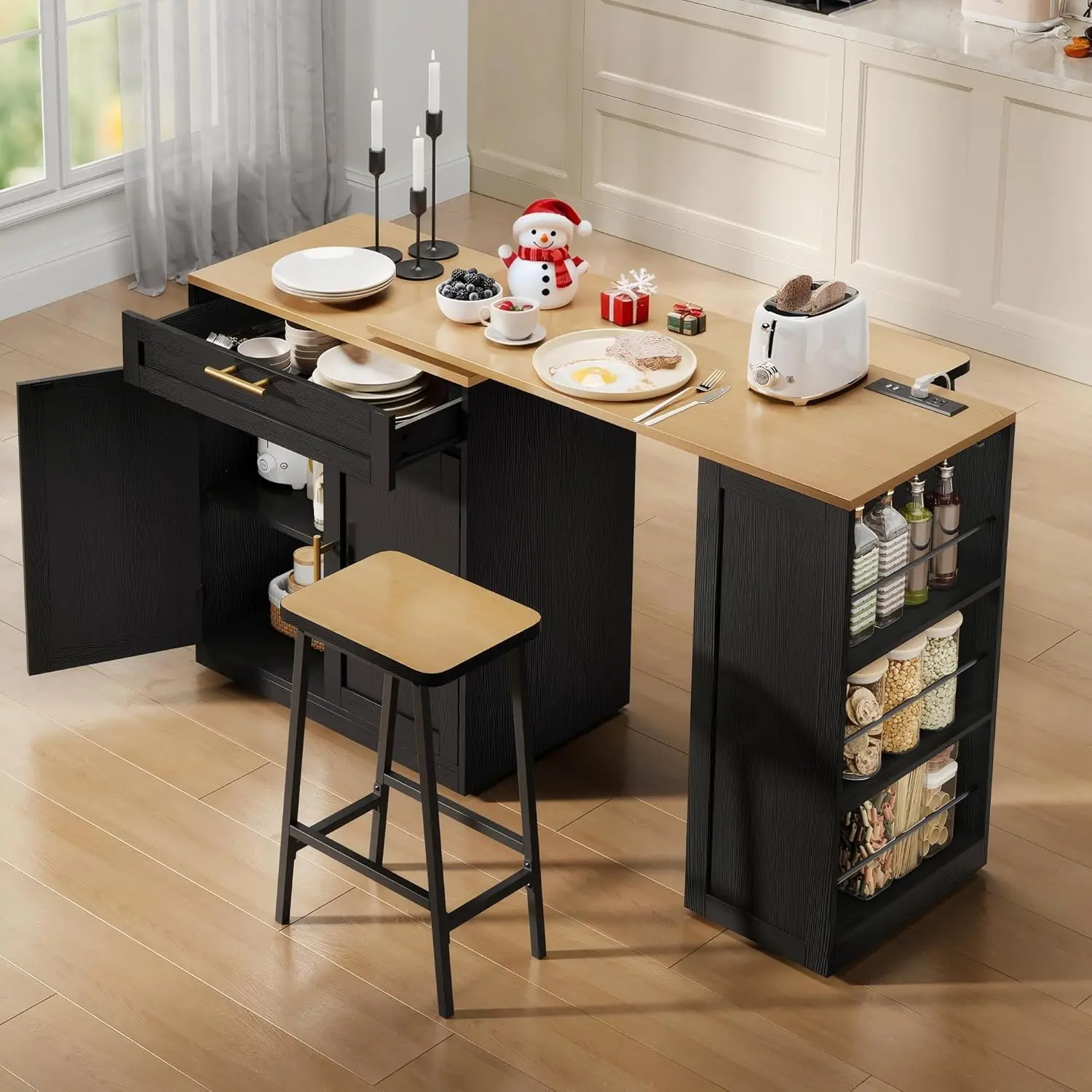 

67-inch Expandable Kitchen Island with Seating, Mobile Storage Cart, Power Outlet, Spice Rack (Black)