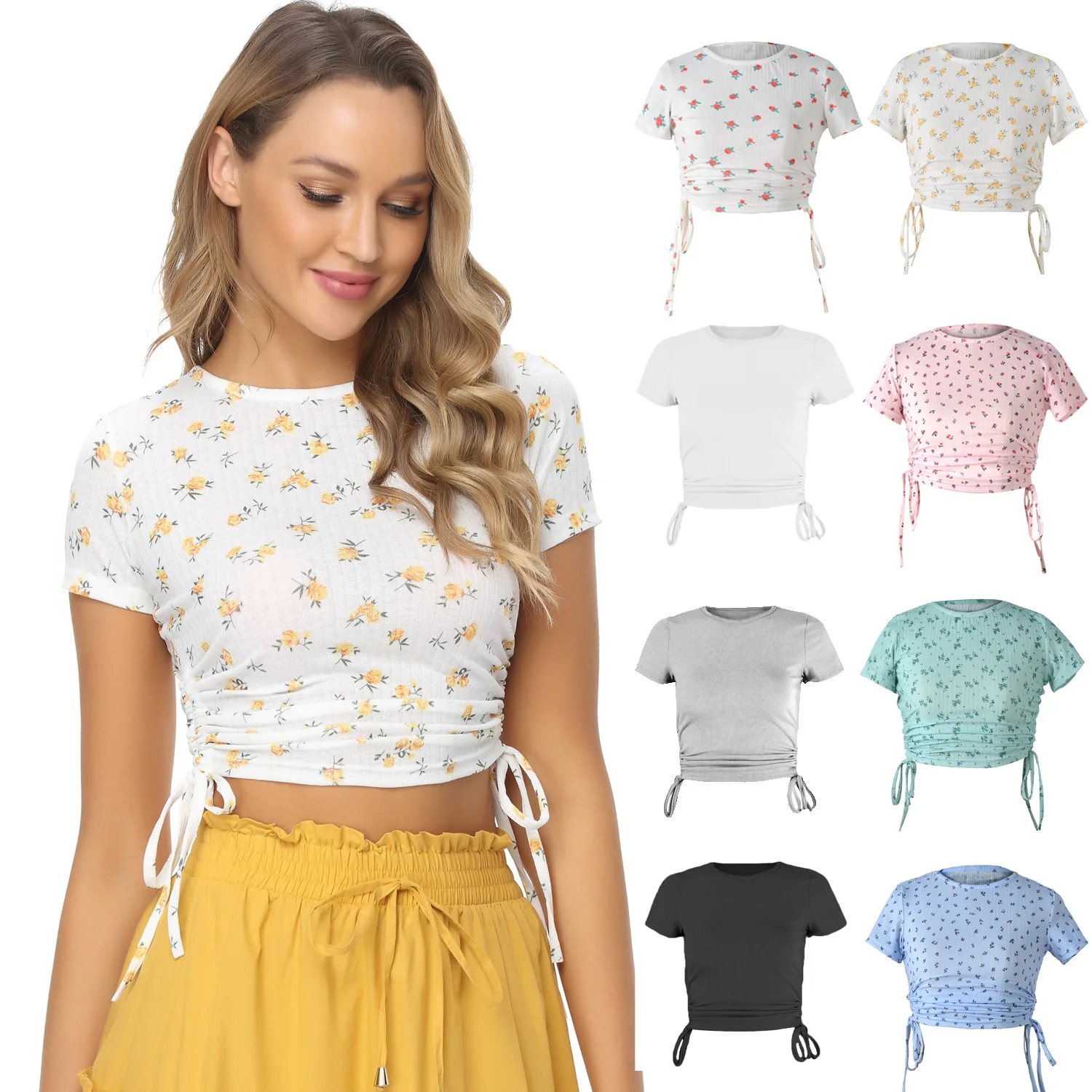 T Shirt Women Spring Autumn 2021 New Printing Short Sleeve Ladies Draw String Round Collar Leisure Show Hilum Tshirts WSL4400