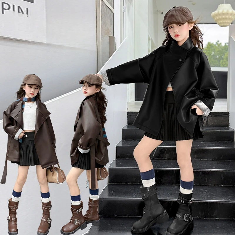 

Girls' leather jacket 2025 new style spring and autumn clothing, stylish and fashionable mid size children's jacket jacket