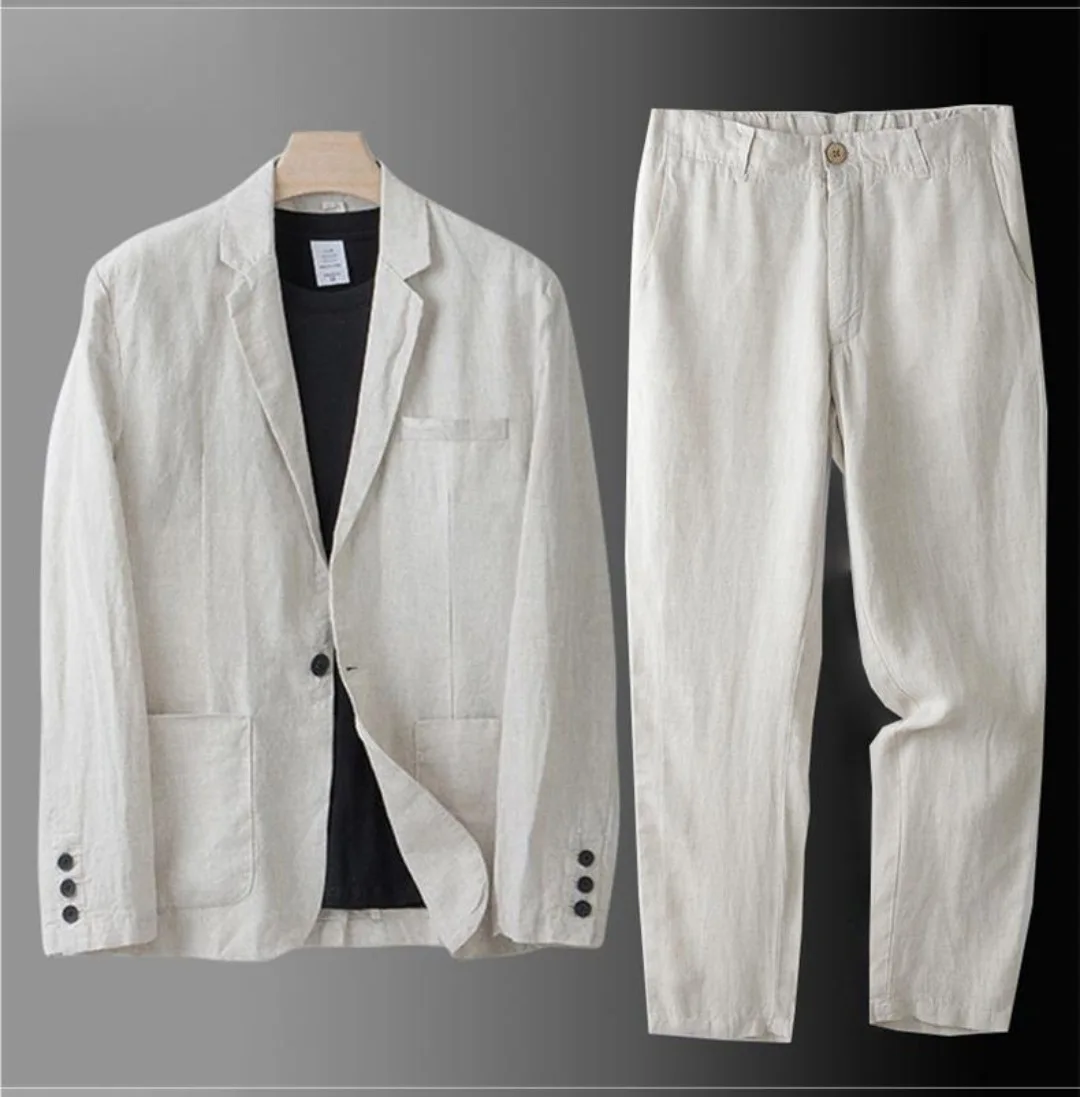 Men's Summer Korean Style Linen Suit Set, Slim-Fit Thin Cotton-Linen Casual Loose Jacket-UC00001
