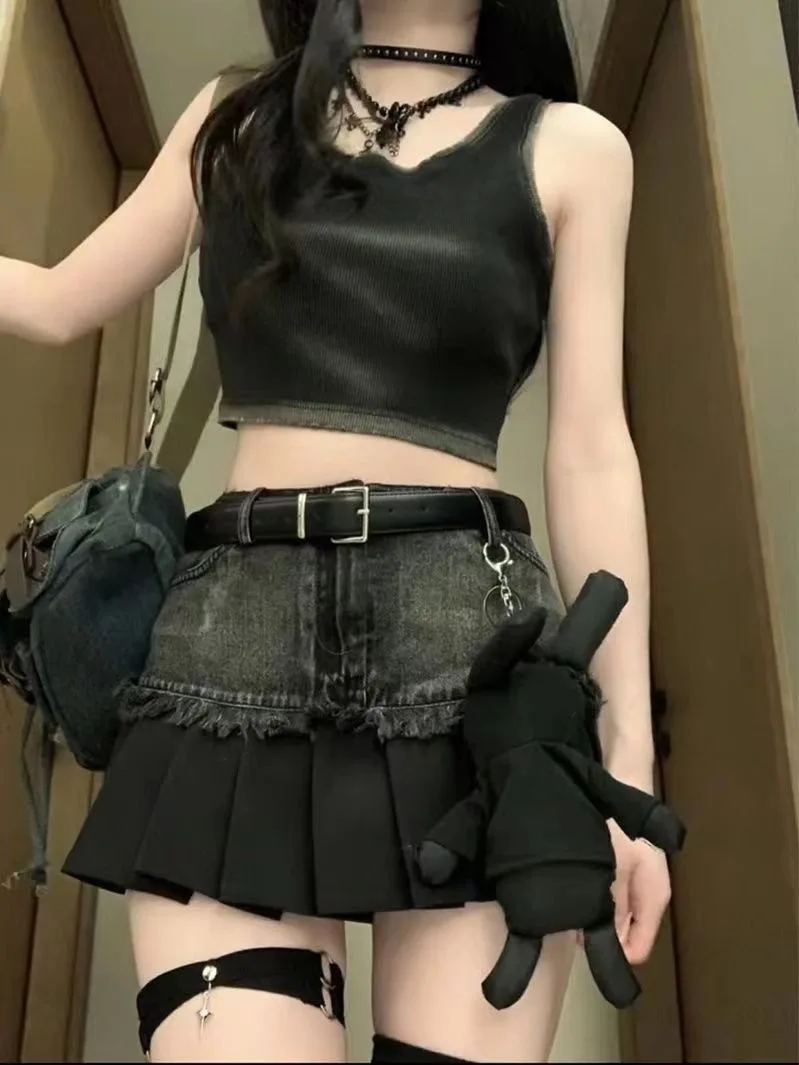 

2025 Y2K American Black Gray Retro Harajuku ​​pleated Skirt 90s Women High Waist Slim Punk Hot Girl Cargo Denim Skirt Streetwear
