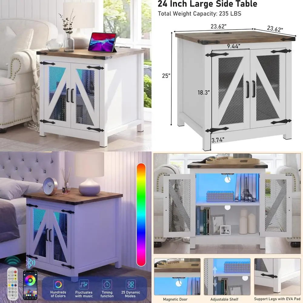 Mesa auxiliar rústica para sofá estilo granja de 24 pulgadas con estación de carga, puerta de granero de malla y estante ajustable