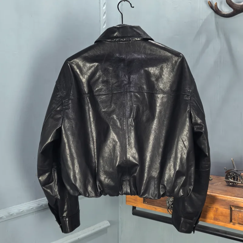 Giacca da motociclista da donna in vera pelle autunno 2025, cappotto casual alla moda a maniche lunghe in similpelle cerata effetto snellente