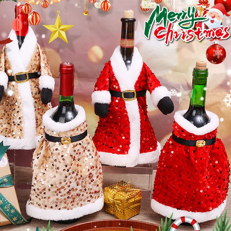 Creative Christmas Wine Bottle Set Golden Velvet Dress Wine Bottle Cover Wine Bottle Bag Sleeve Xmas New Year Dinner Table Decor