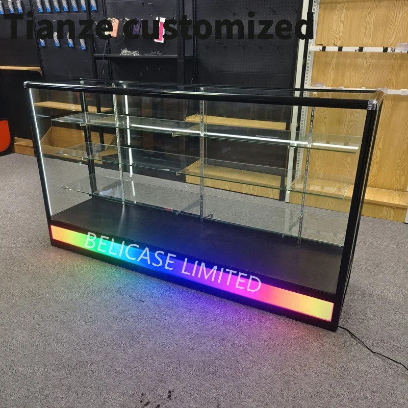 Customized-70 inch wide smoke shop showcase locking glass display counter shop display with flashing light