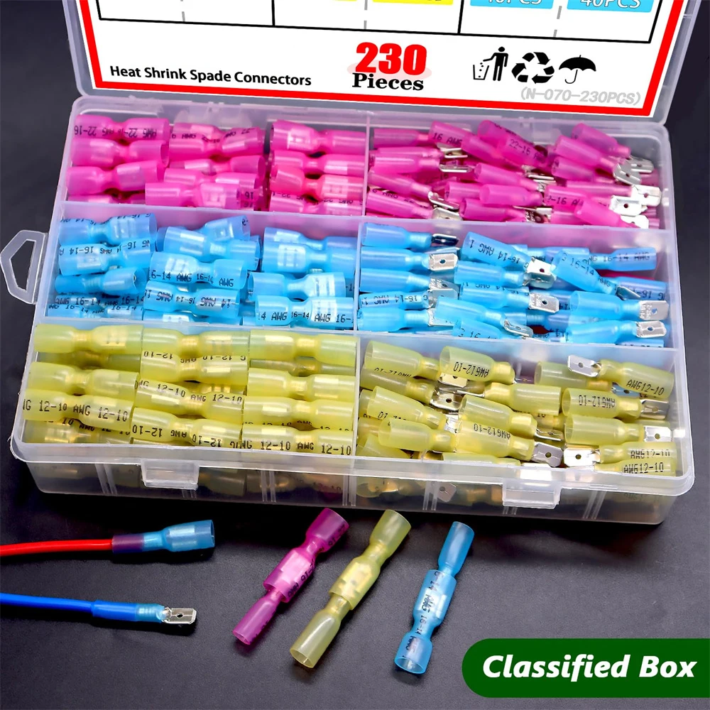 230/320PCS Heat Shrink Spade Connectors Kit 22-10 AWG Female Male Spade Terminla Fully Insulated Electrical Wire Crimp Connector