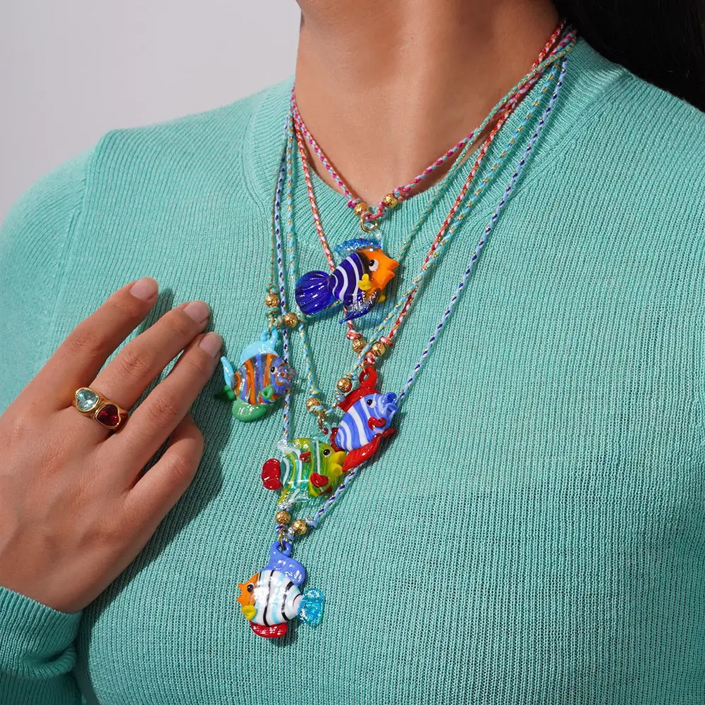 Fashion New Cute Multicolour glass Fish Sweater Chain Pendant Necklace for Women Girls Animal Jewellery Gifts