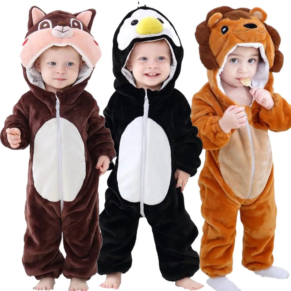 Baby Romper for Boy Winter Newborn 0 to 3 6 9 12 18 Months 2024 Brown Kigurumi Bebe Penguin Lion Cat Halloween Costumes Infantil