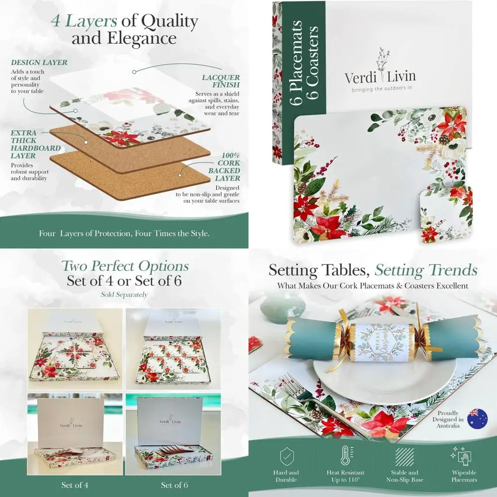 

Set of 6 Christmas Red Flower Cork Placemats & Coasters, Heat Resistant, Wipe Clean, 16x12 inches