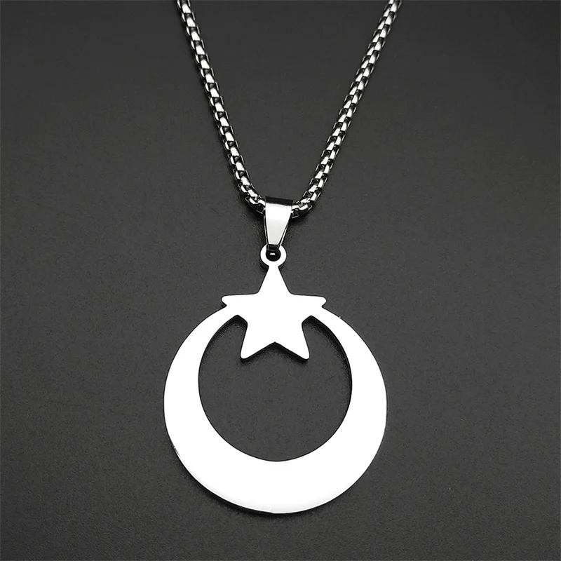 Crescent Moon Star Islamic Muslim Pendant Necklace for Women Men Stainless Steel Gold Silver Color Arabic Quran Amulet Jewelry - Detail 1